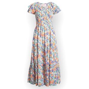 Banjanan Ira Maxi Dress XS Lightweight Cotton Flutter Sleeve Pockets Floral‎